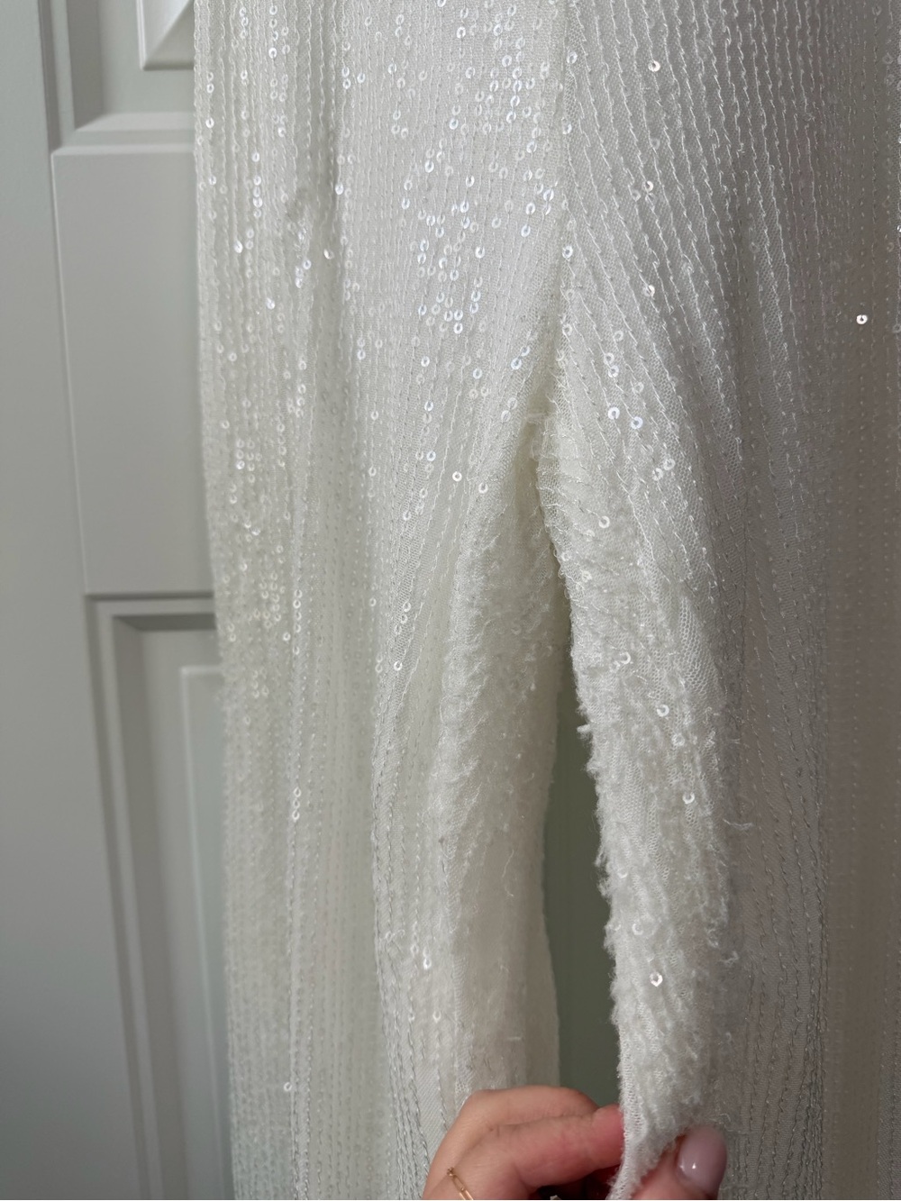White Sequins Jumpsuit with Faux-Fur Trim - Picture 8 of 10